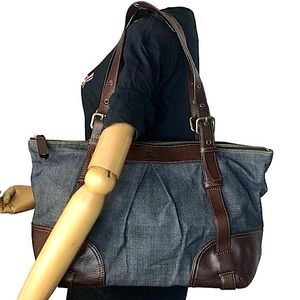 BURBERRY Blue Label Blue Denim and Brown Leather Zip Close Tote Shoulder Bag